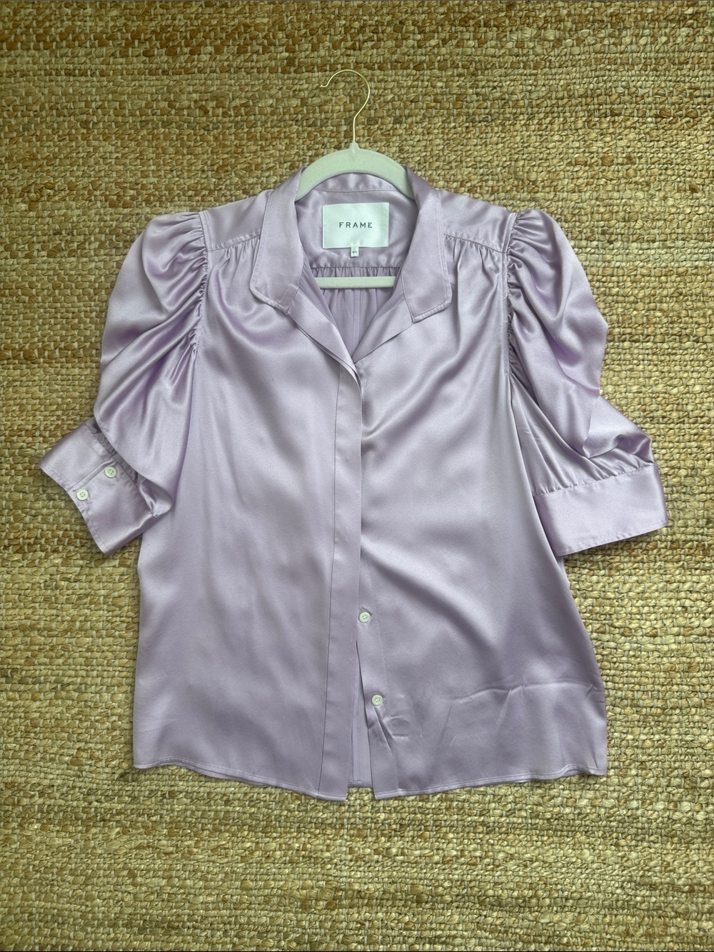 Frame Gillian Lilac Silk Puff-Sleeve Button-Down Blouse